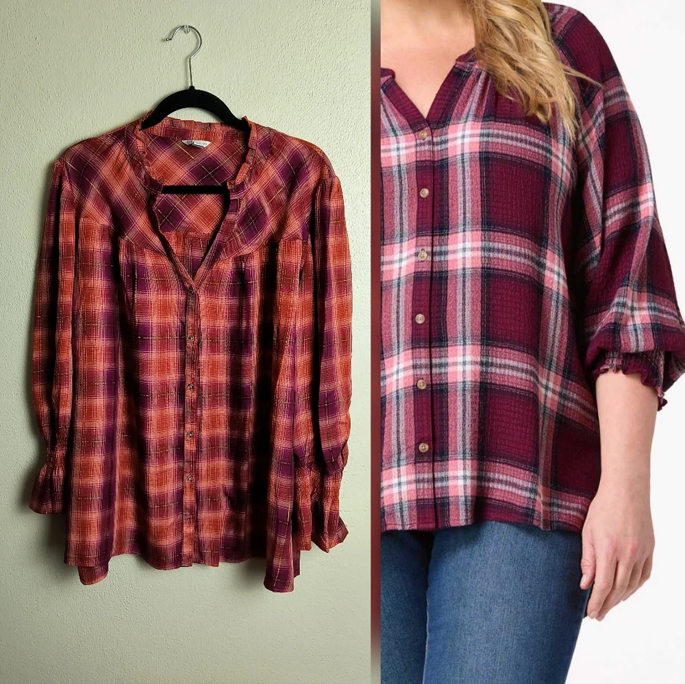 Cato 22/24W Plaid Long Sleeve Shirt Cottagecore Rodeo Cowgirl